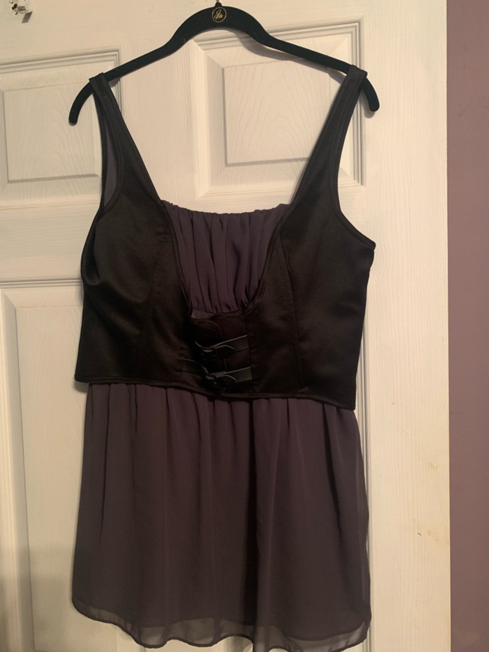 Boston Proper Charcoal Gray Chiffon Blouse with Black Trim